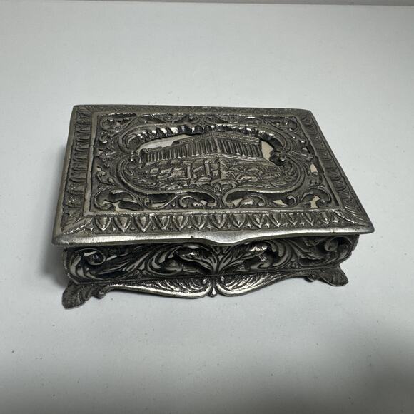 Antique Greek Trinket Box 5”x4.5” Parthenon Acropolis Athens Silver Plated/Solid